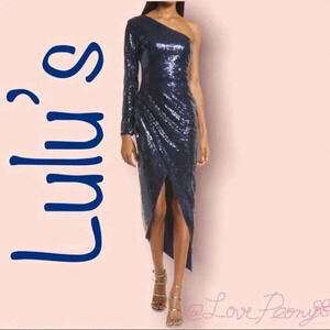 Lulu’s Deja Vu Navy Sequin One-Shoulder Dress Size XS